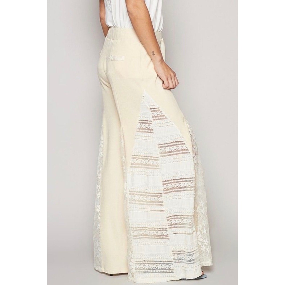 POL Lace Contrast Wide Leg Romantic Boho Pants in Ivory - Picture 5 of 11